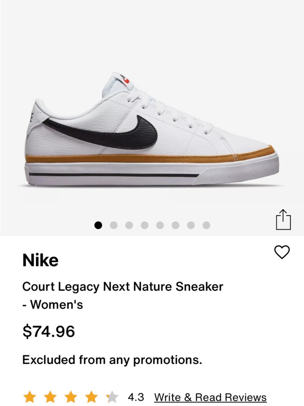 Nike Women’s White Sneakers with Black Swoosh and Brown Trim - Picture 7 of 7